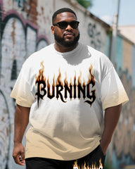 Men's Plus Size Yellow Gradient Burning Letter Print Round Neck Short Sleeve T-shirt Shorts Suit