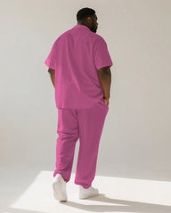 Big & Tall Men's Hawaiian Pink Stripe Colorblock Coconut Print Short Sleeve Shirt Pants Suit