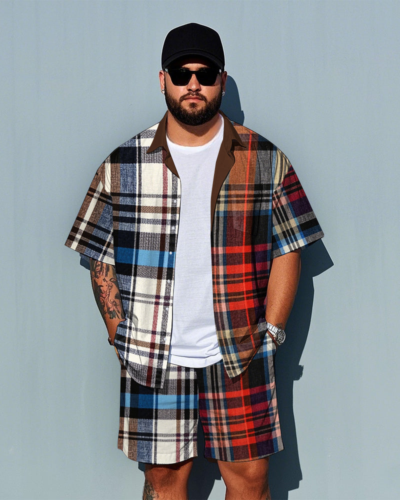Men's Casual Irregular Splicing Retro Plaid Style Big Size Short Sleeve Shirt and Shorts Set