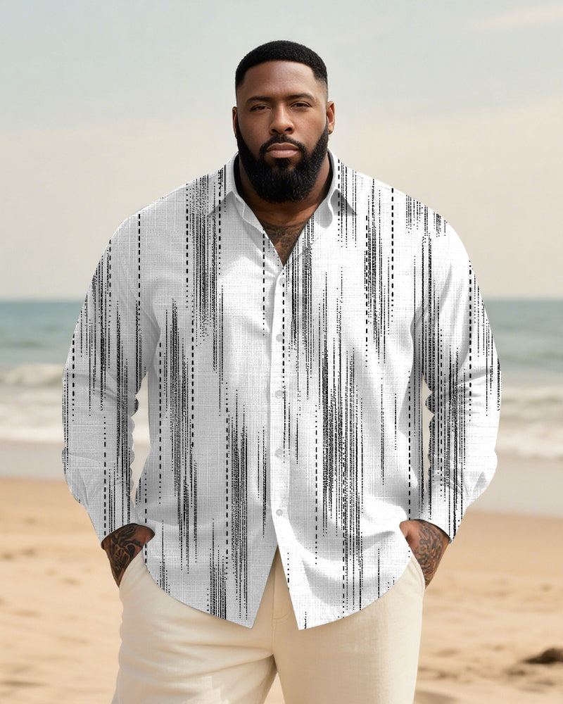 Big & Tall Men's Everyday Black And White Abstract Stripe Print Long Sleeve Bamboo Hemp Texture Shirt