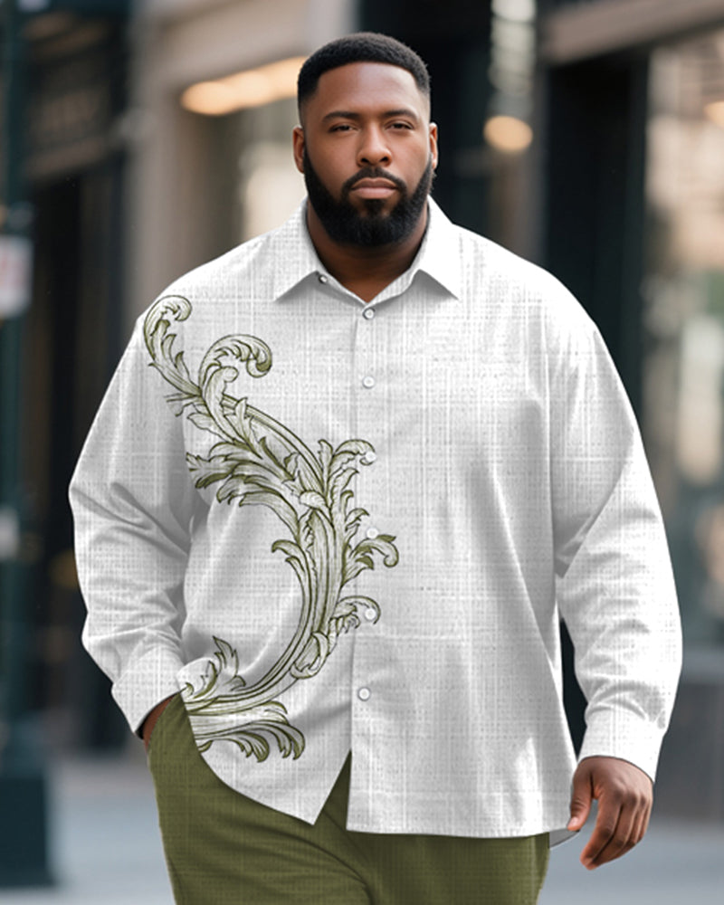 Big & Tall Men's Business Green Vintage Pattern Print Bamboo Hemp Texture Long Sleeve Shirt Trousers Suit