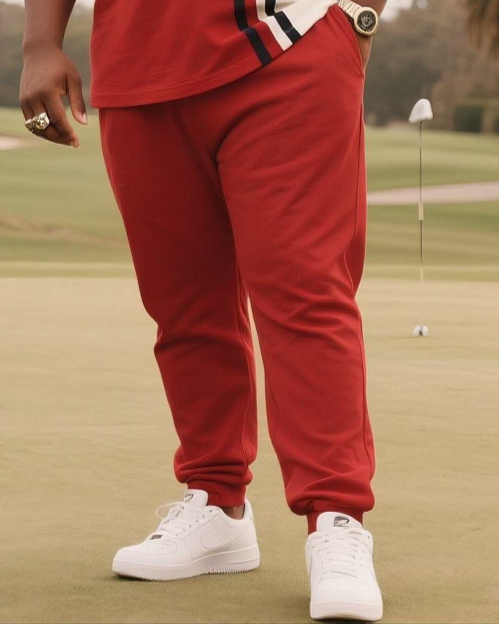 Men's Plus Size Daily Casual Red Spell White Short Sleeve Simple Striped Polo Pants Suit