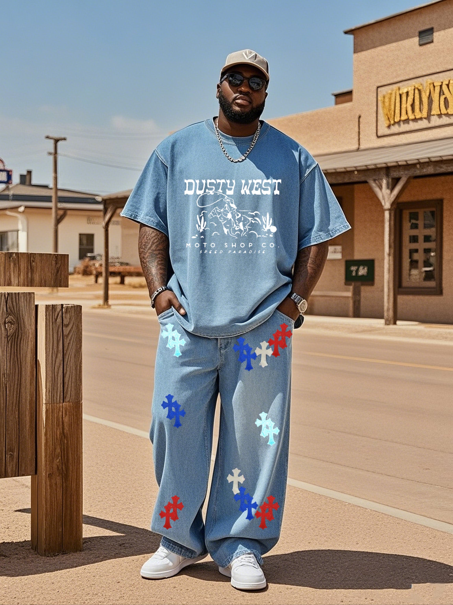 Plus Size Men's Daily Casual Cross Print Denim T-Shirt Pants Suit