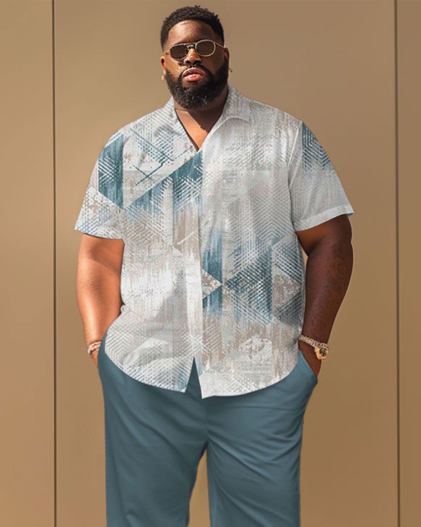 Striped Geometric Print Short Sleeve Shirt Trousers Suit Men's Plus Size