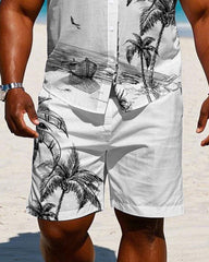 Men's Plus Size Hawaiian White Hand Painted Coconut Sleeveless Vest Shirt Shorts Suit