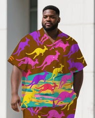 Big Men's Colorful Cartoon World Kangaroo Printed Short-Sleeve Shirt Pants 2-Piece Sets