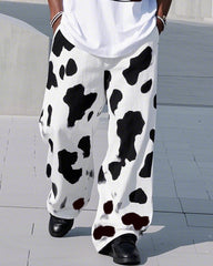 Plus Size Men, Black And White Cows. Mosaic Print Casual Short-sleeved T-shirt Pants Suit