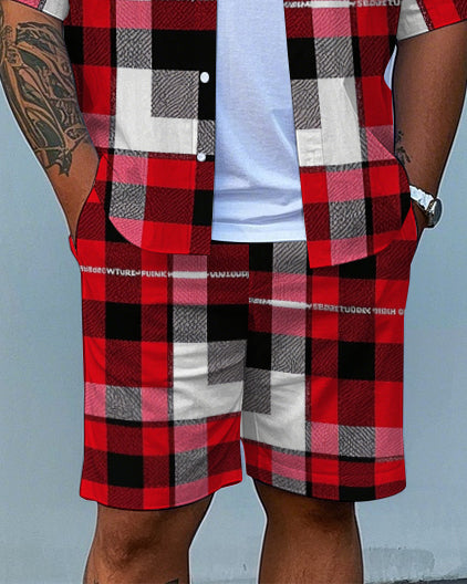 Big Men's Casual Simple Letter Bold Red Plaid Printed Short Sleeve Shirt and Shorts Set