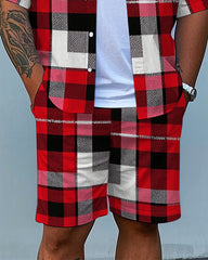 Big Men's Casual Simple Letter Bold Red Plaid Printed Short Sleeve Shirt and Shorts Set