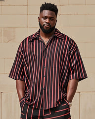 Big Men's Fashion Red Black Striped Color Block Printing Short Sleeve Shirt Shorts Suit