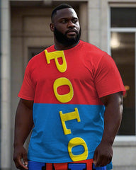 Big Men's Red & Blue Color Block Splicing Letter POLO K Printed Short Sleeve T-shirt Shorts Set