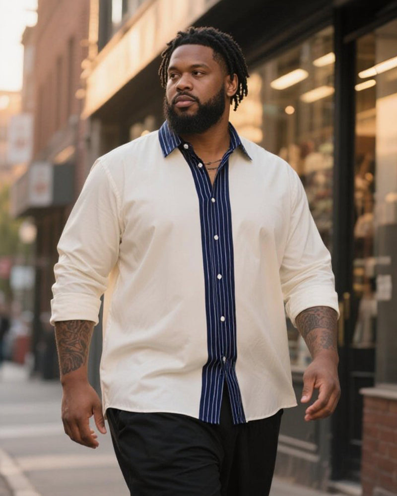 Big & Tall Men's Business Blue And White Contrast Striped Print Long Sleeve Shirt