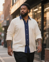Big & Tall Men's Business Blue And White Contrast Striped Print Long Sleeve Shirt