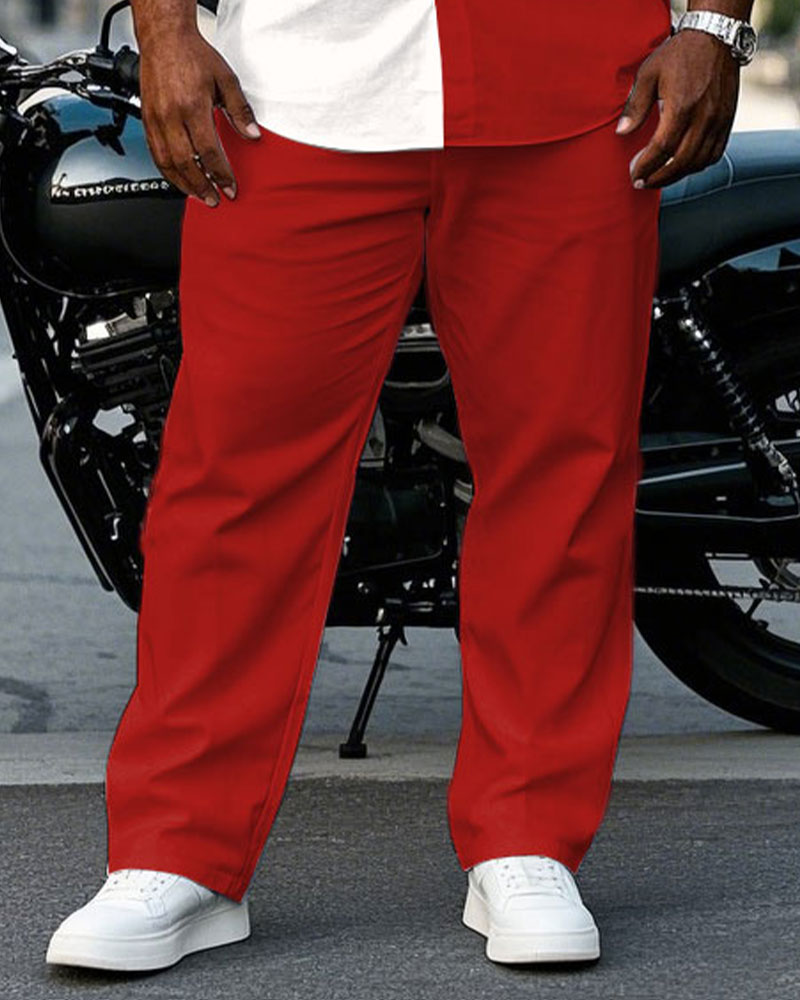 Men's Plus Size Red Color Matching Chest Pocket Short Sleeve Shirt Trousers Suit