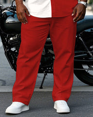 Men's Plus Size Red Color Matching Chest Pocket Short Sleeve Shirt Trousers Suit