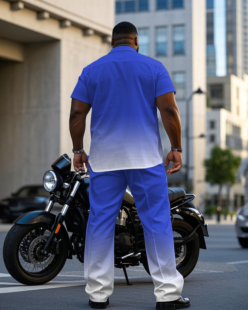 Men's Plus Size Simple Blue Gradient Short Sleeve Shirt Trousers Suit