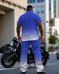 Men's Plus Size Simple Blue Gradient Short Sleeve Shirt Trousers Suit