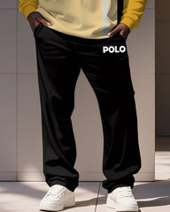 Men's Simple Yellow Stripe Alphabet Print Polo Shirt Zipper Pants Suit