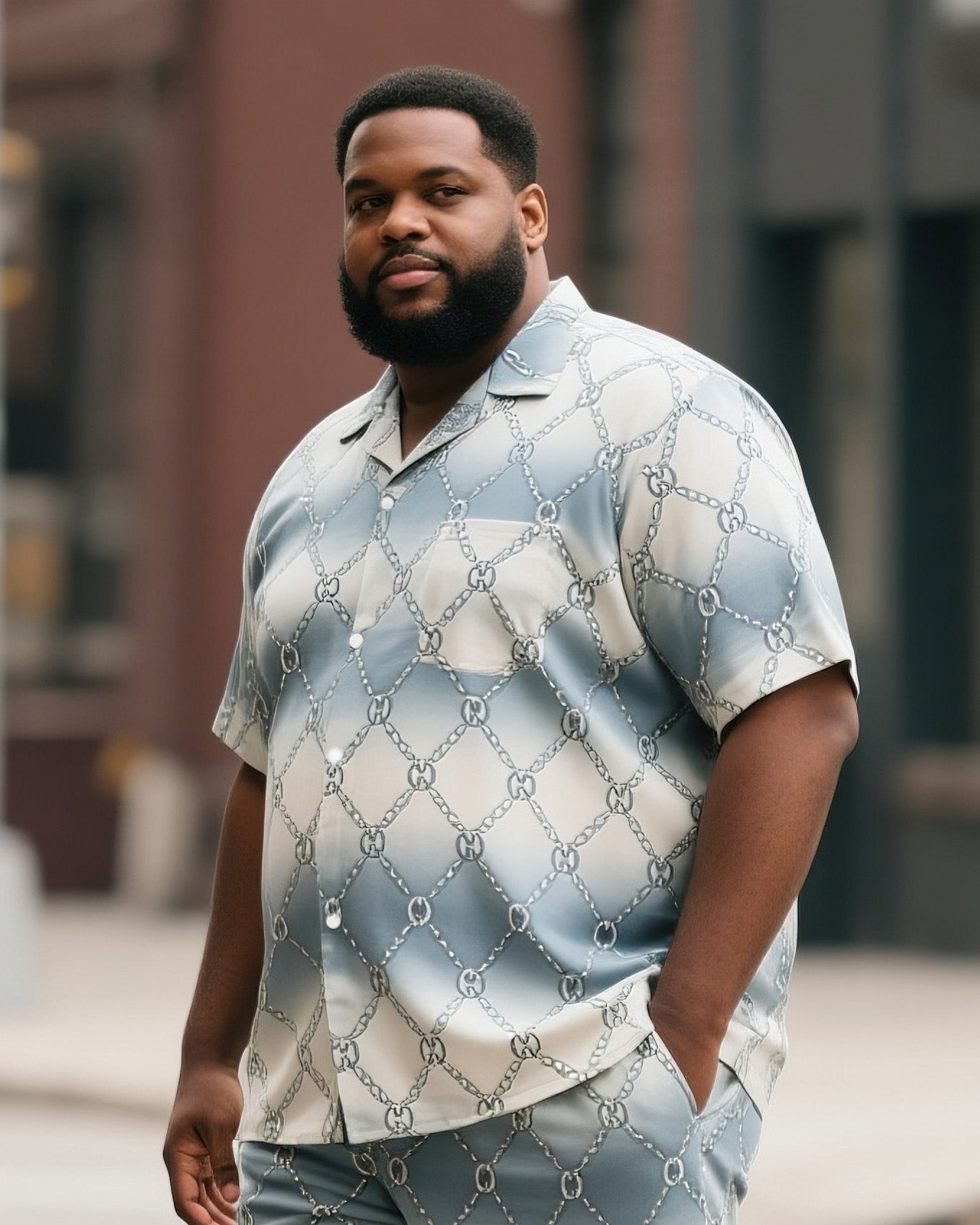 Big & Tall Men's Street Fashion Daily Casual Gradient Triangle Chain Lock Pattern Shirt Shorts Suit