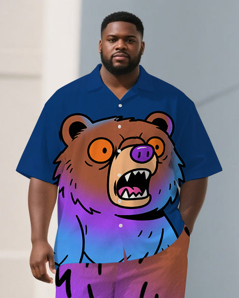 Big Men's Cartoon Surprised Bear Gradient Effect Street Short Sleeve Shirt and Pants Set