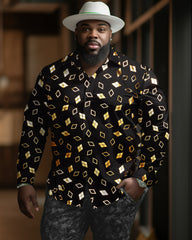 Plus Size Men's Fashion Golden Square Pattern Printing Lapel Long Sleeve Shirt