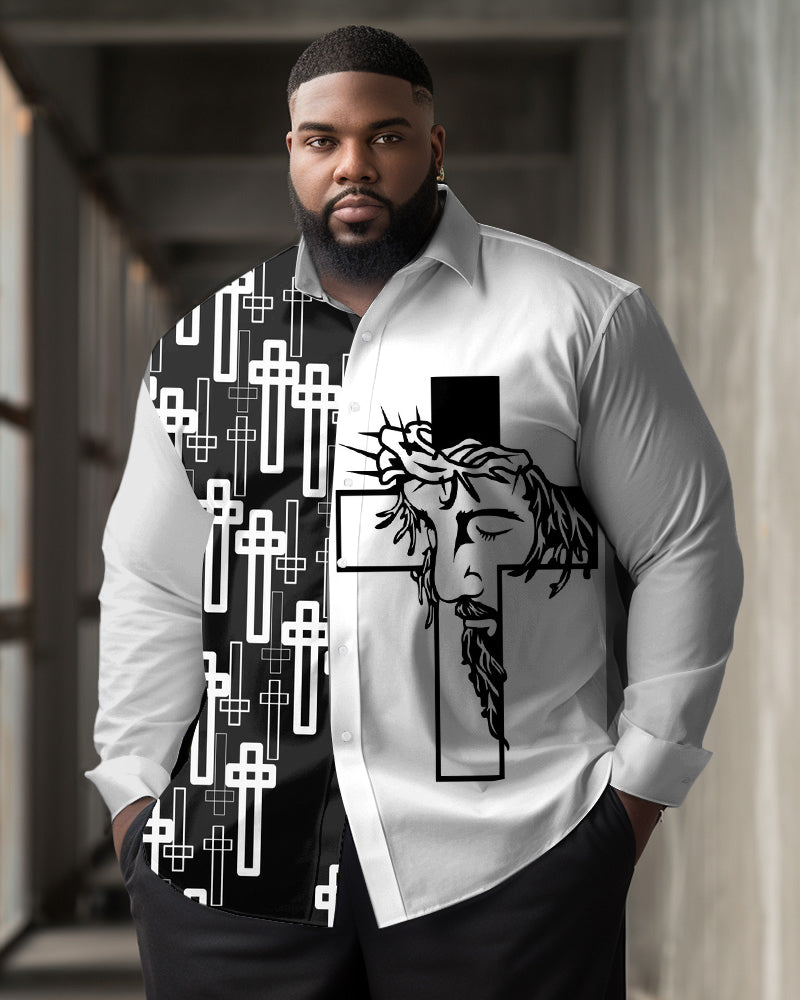 Plus Size Men's Casual Simple Jesus Faith Cross Print Lapel Long Sleeve Shirt