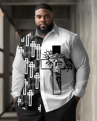 Plus Size Men's Casual Simple Jesus Faith Cross Print Lapel Long Sleeve Shirt