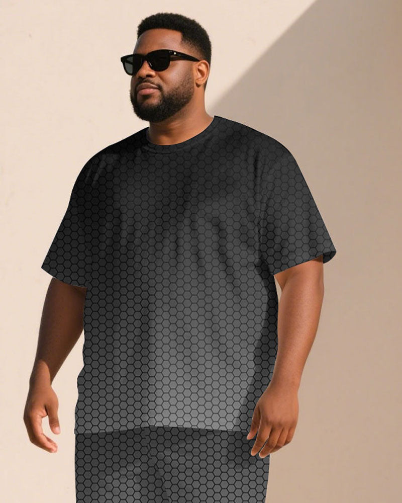 Big & Tall Men Black & Grey Gradient Honeycomb Jacquard Crewneck Short Sleeve T-Shirt Shorts Suit