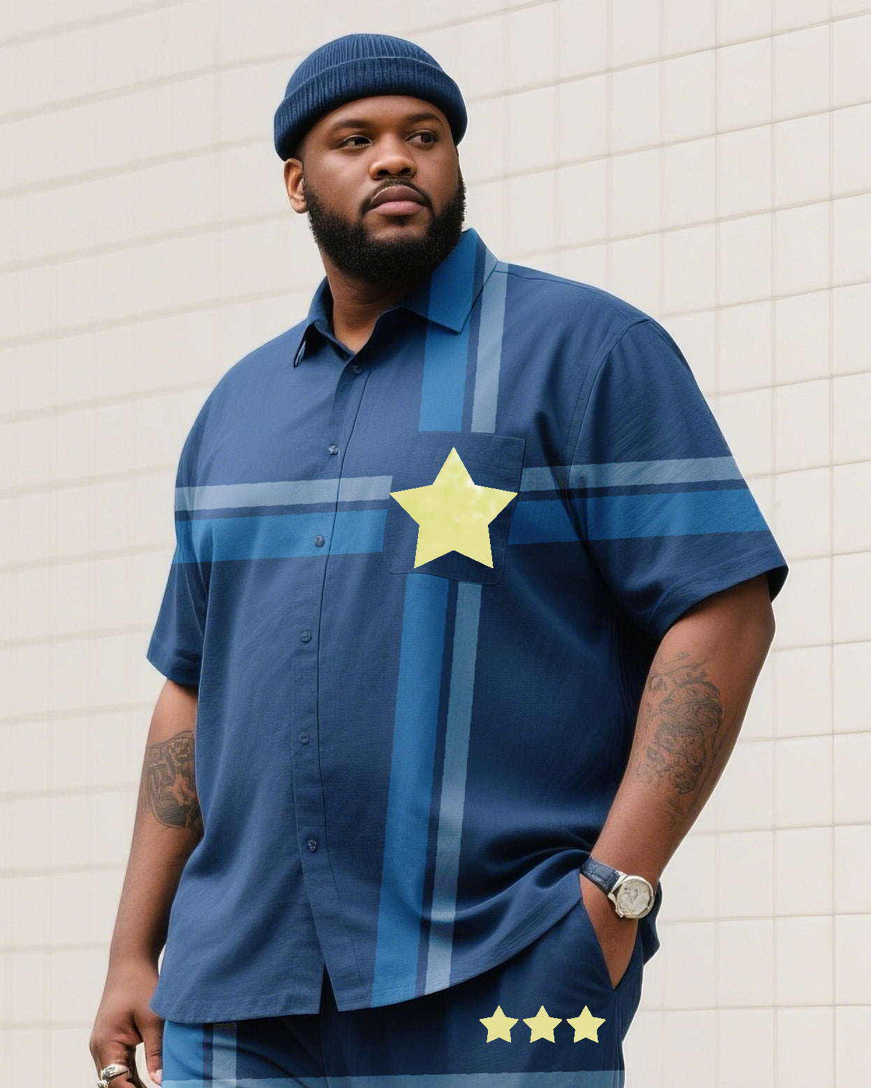 Big Boy Must Have 2025 Fashion High Sense Prussian Blue Line Stars Short Sleeve Shirt Trousers Suit