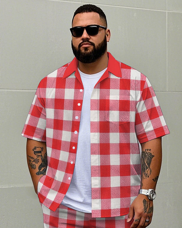 Big Men's Casual Simple Regular Red Plaid Style Short Sleeve Shirt and Shorts Set