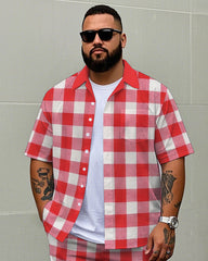 Big Men's Casual Simple Regular Red Plaid Style Short Sleeve Shirt and Shorts Set