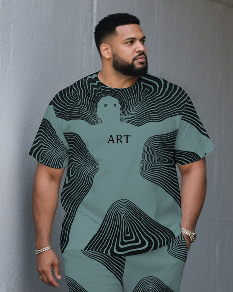 Men's Plus Size Irregular Line Human Shape Outline Fashion Round Neck Short Sleeve T-shirt Shorts Suit