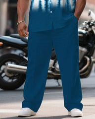 Men's Plus Size Handmade Environmental Tie-Dye Blue Short Sleeve Shirt Pants Suit