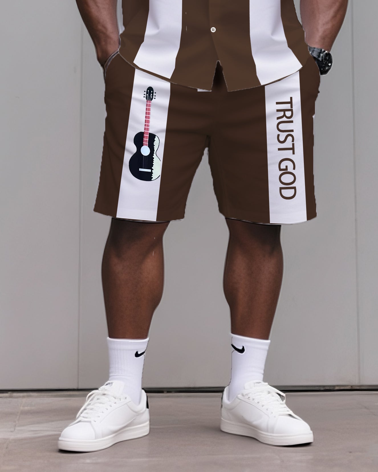 Big & Tall Men's Daily Leisure. TRUST GOD Striped Contrast Printed Shirt Shorts Suit