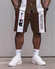 Big & Tall Men's Daily Leisure. TRUST GOD Striped Contrast Printed Shirt Shorts Suit