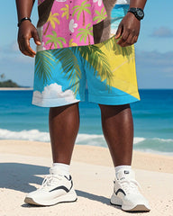 Men's Plus Size Hawaiian Blue Raccoon Drinking Cocktail Bier Printed Short Sleeve T-Shirt Shorts Suit