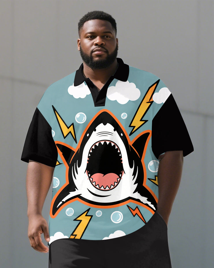 Big and Tall Men's Casual Cute Shark Cartoon Printed Outdoor Short-Sleeve Polo Shirt & Shorts Set