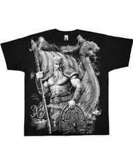Plus Size Black Printed T-shirt Featuring A Viking Warrior With A Spear And Shield Standing Behind A Drakkar Boat