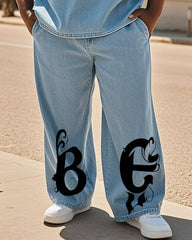 Big & Tall Men's Street Fashion Trend Personality Brand Original Letter Design Denim Trousers