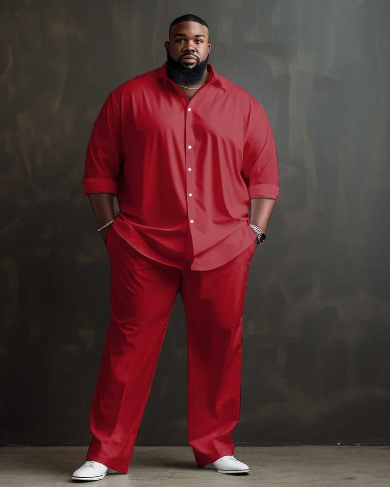 Solid Color Big Guys Long Sleeve Lapel Shirt and Pants Set