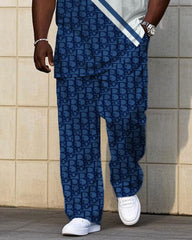 Men's Plus Size Big Brand Blue & White Logo Design Pattern Jacquard Short Sleeve T-Shirt Pants Suit