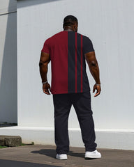 Men's Plus Size Black Grey & Red Chest Badge Short Sleeve T-Shirt Trousers Suit
