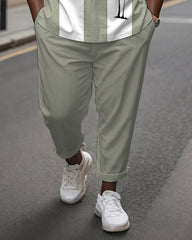 Men's Plus Size Green And White Colorblock Coconut Tree Print Henry Collar T-shirt Trousers Suit