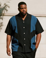 Big & Tall Men's Business Black Blue Stripe Colorblock Printed Short Sleeve Shirt Trousers Suit