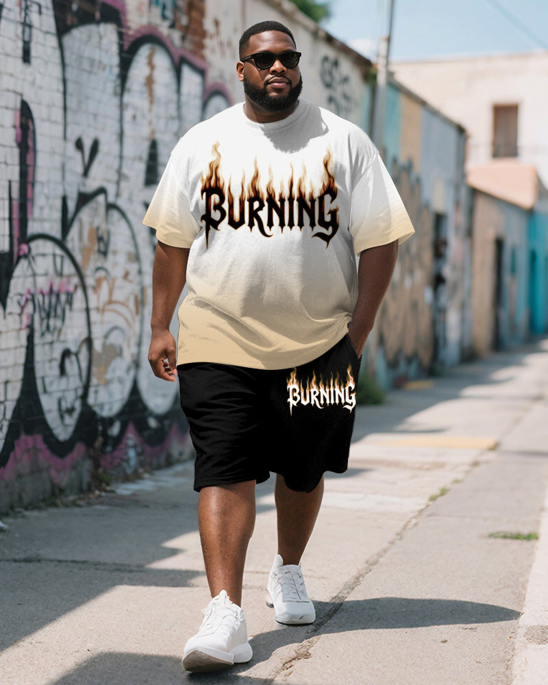 Men's Plus Size Yellow Gradient Burning Letter Print Round Neck Short Sleeve T-shirt Shorts Suit
