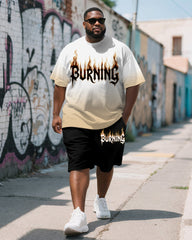 Men's Plus Size Yellow Gradient Burning Letter Print Round Neck Short Sleeve T-shirt Shorts Suit