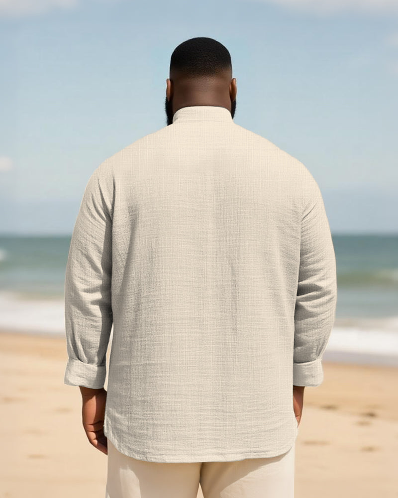 Big & Tall Men's Daily Solid Color Bamboo Hemp Texture Stand Collar Long Sleeve Shirt