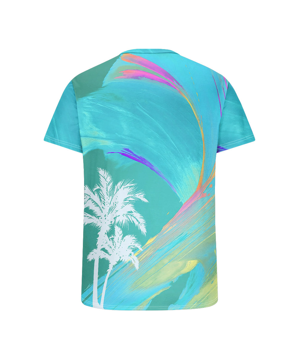 Men's Plus Size Daily Casual Blue Gradient Coconut Tree Print Henry Collar Button Short Sleeve T-Shirt