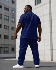 Men's Plus Size Business Sapphire Blue & Red Classic Color Stitching Short Sleeve Shirt Trousers Suit