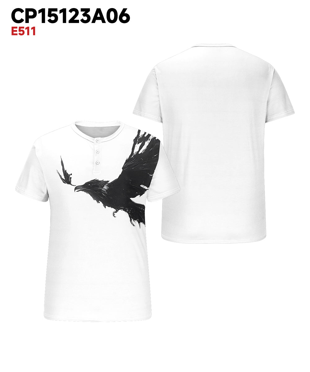 Big & Tall Men's Black And White Eagle Print Henry Collar Button Short Sleeve Tee